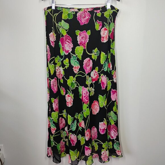 Spenser Jeremy Silk Midi Skirt Womens Plus 16 Rose Floral Romantic Whimsigoth - Picture 1 of 10